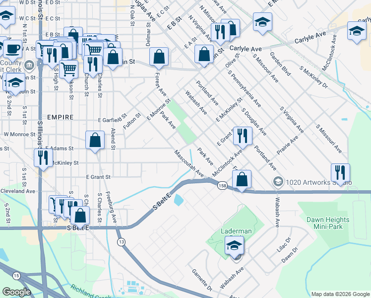 map of restaurants, bars, coffee shops, grocery stores, and more near 910 East McKinley Street in Belleville