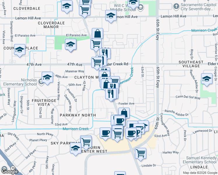map of restaurants, bars, coffee shops, grocery stores, and more near 6471 Stockton Boulevard in Sacramento
