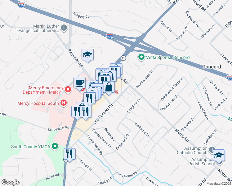 map of restaurants, bars, coffee shops, grocery stores, and more near 12523 Old Tesson Road in St. Louis
