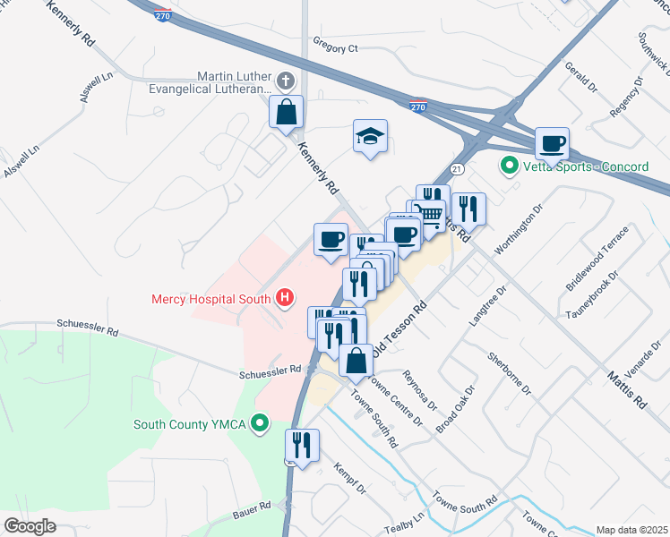 map of restaurants, bars, coffee shops, grocery stores, and more near 10004 Kennerly Road in St. Louis