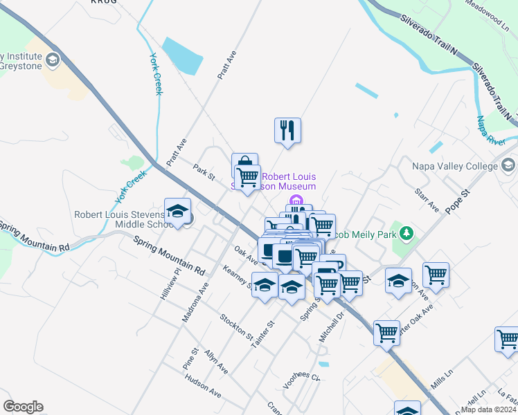 map of restaurants, bars, coffee shops, grocery stores, and more near 1572 Railroad Avenue in St. Helena