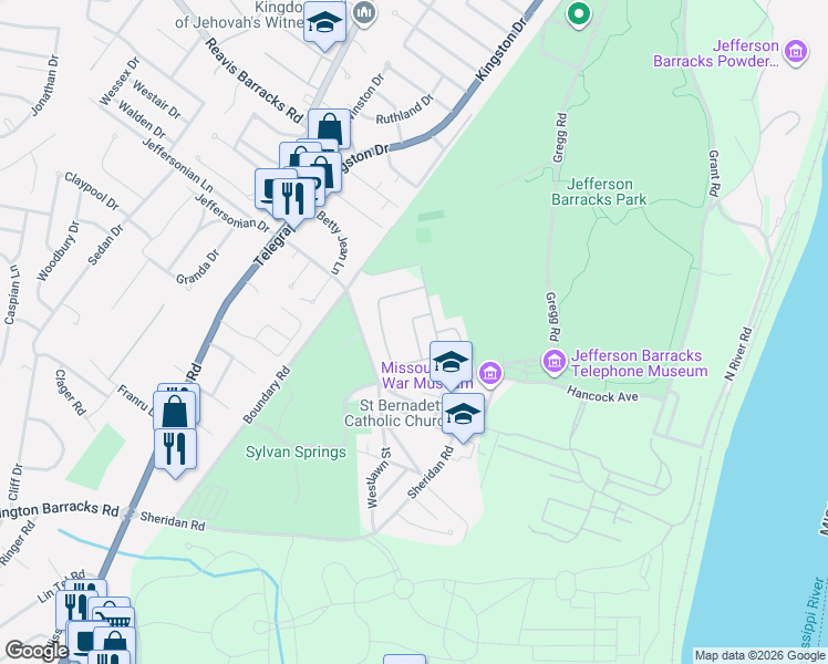 map of restaurants, bars, coffee shops, grocery stores, and more near 333 Tuckahoe Drive in Saint Louis