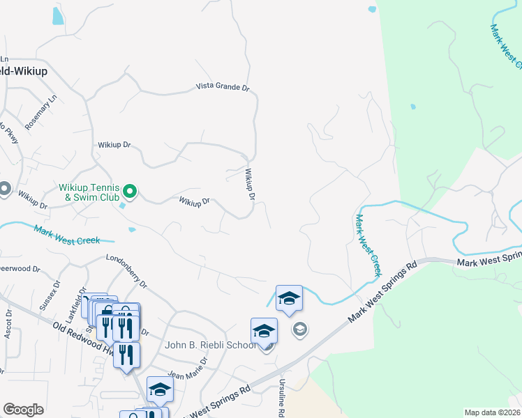 map of restaurants, bars, coffee shops, grocery stores, and more near 1064 Wikiup Drive in Santa Rosa