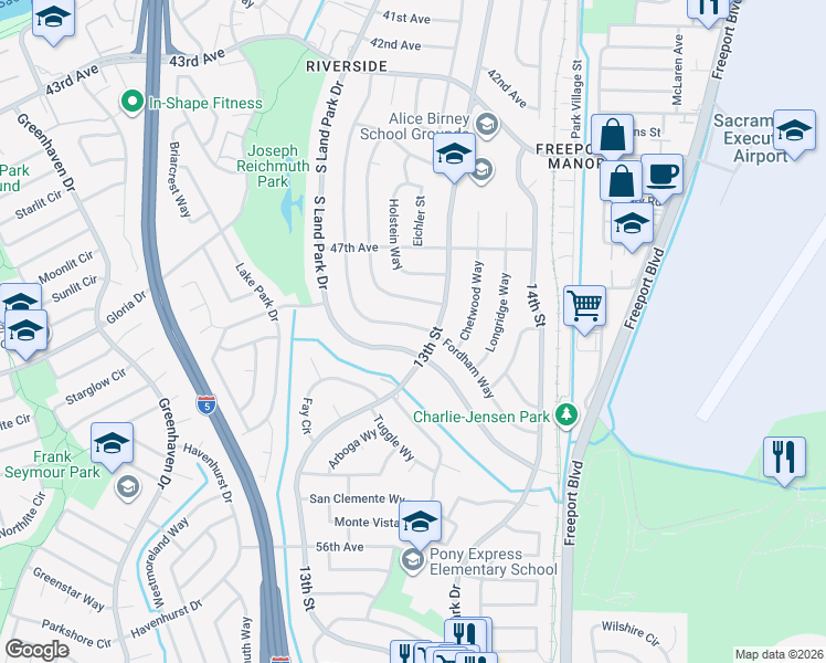 map of restaurants, bars, coffee shops, grocery stores, and more near 6556 Fordham Way in Sacramento