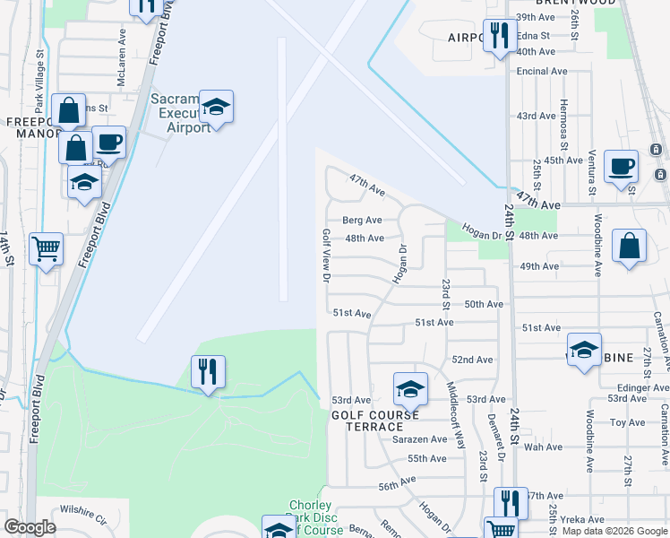 map of restaurants, bars, coffee shops, grocery stores, and more near 2030 Arliss Way in Sacramento
