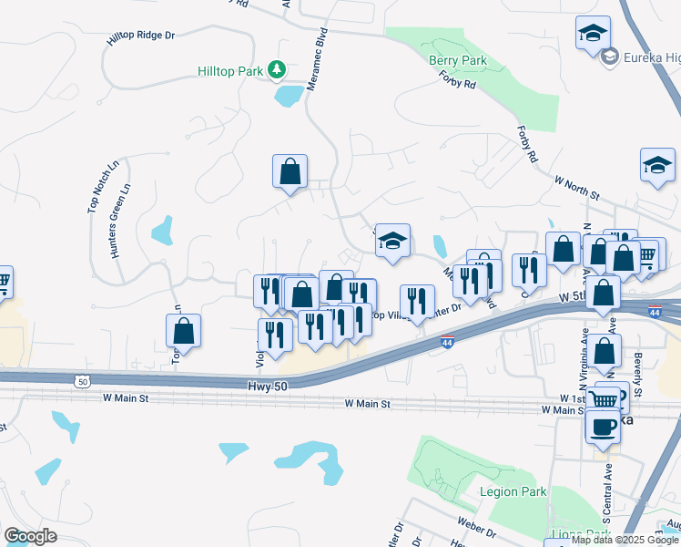 map of restaurants, bars, coffee shops, grocery stores, and more near 159 Colts Foot Court in Eureka