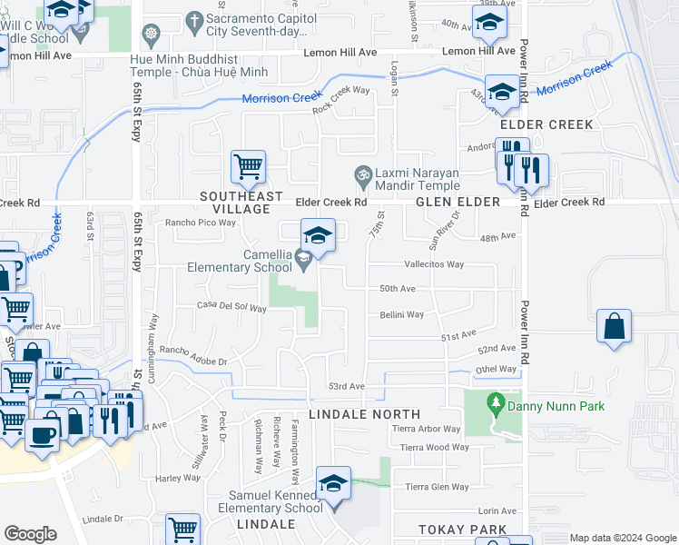 map of restaurants, bars, coffee shops, grocery stores, and more near 7450 50th Avenue in Sacramento
