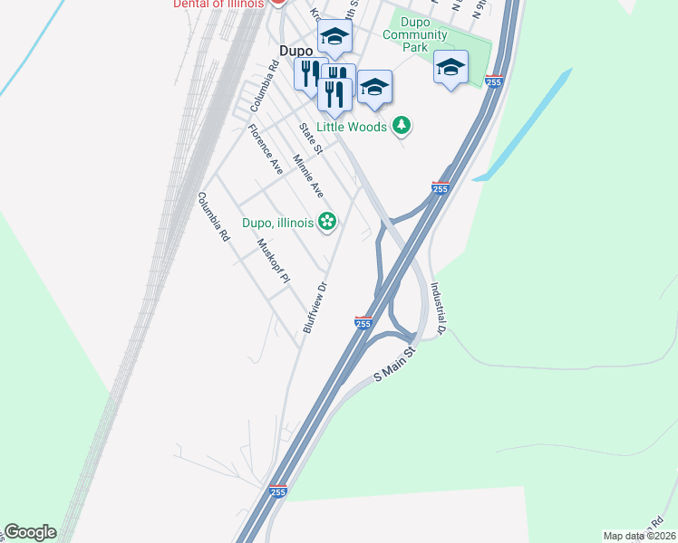 map of restaurants, bars, coffee shops, grocery stores, and more near 900 Bluffview Drive in Dupo