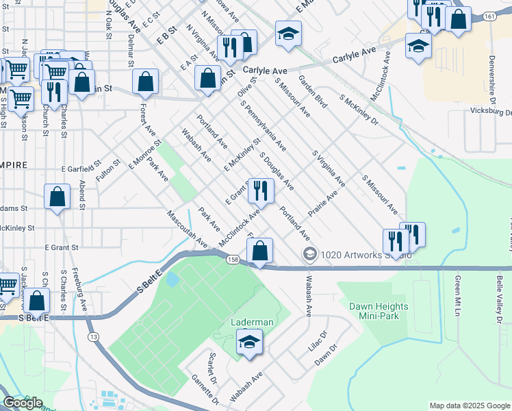 map of restaurants, bars, coffee shops, grocery stores, and more near 515 Wabash Avenue in Belleville
