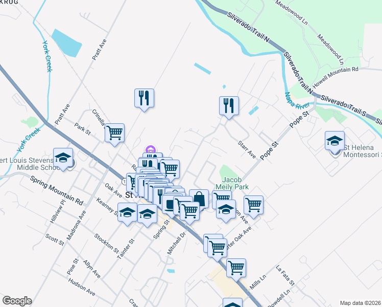 map of restaurants, bars, coffee shops, grocery stores, and more near 842 Hunt Avenue in Saint Helena