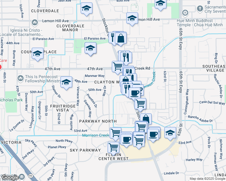 map of restaurants, bars, coffee shops, grocery stores, and more near 6417 Dallas Way in Sacramento