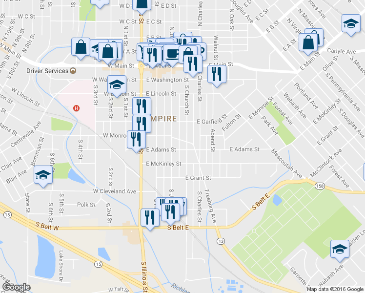 map of restaurants, bars, coffee shops, grocery stores, and more near 213 East Adams Street in Belleville