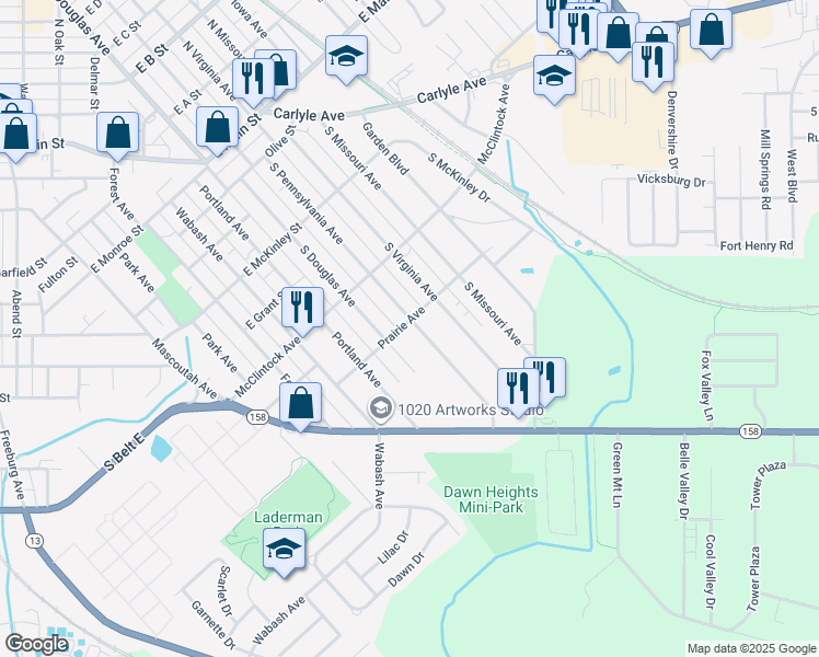 map of restaurants, bars, coffee shops, grocery stores, and more near 601 South Pennsylvania Avenue in Belleville