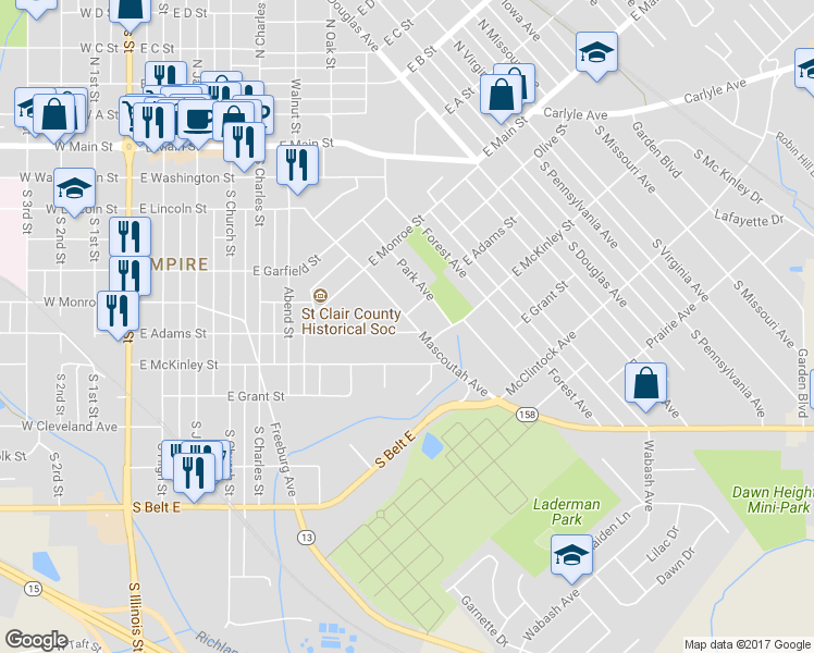 map of restaurants, bars, coffee shops, grocery stores, and more near 563 Mascoutah Avenue in Belleville