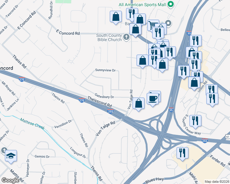 map of restaurants, bars, coffee shops, grocery stores, and more near 4700 Fieldbrook Terrace in St. Louis