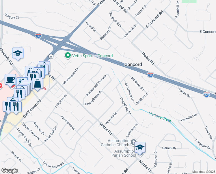 map of restaurants, bars, coffee shops, grocery stores, and more near 4568 Tauneybrook Drive in Saint Louis