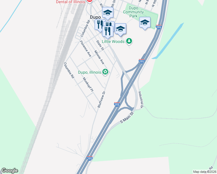 map of restaurants, bars, coffee shops, grocery stores, and more near 900 Bluffview Drive in Dupo