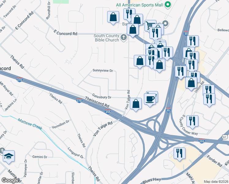 map of restaurants, bars, coffee shops, grocery stores, and more near 4700 Fieldbrook Terrace in St. Louis