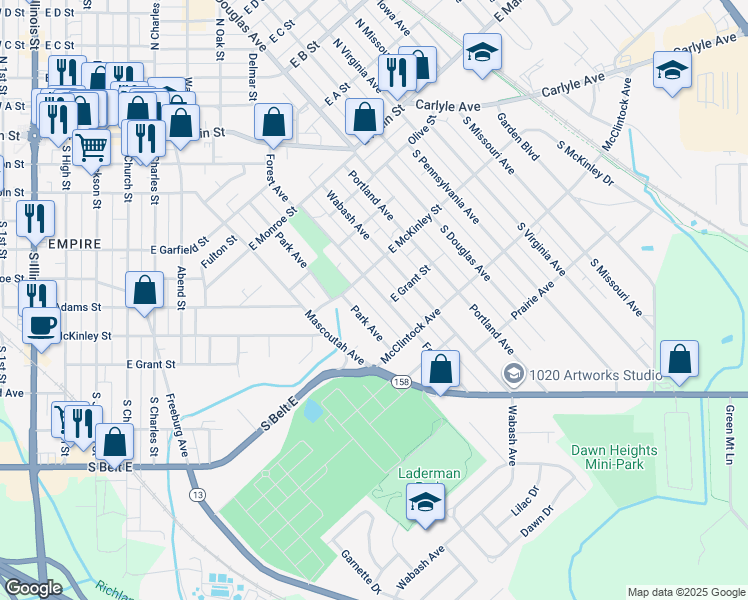 map of restaurants, bars, coffee shops, grocery stores, and more near 716 Park Avenue in Belleville