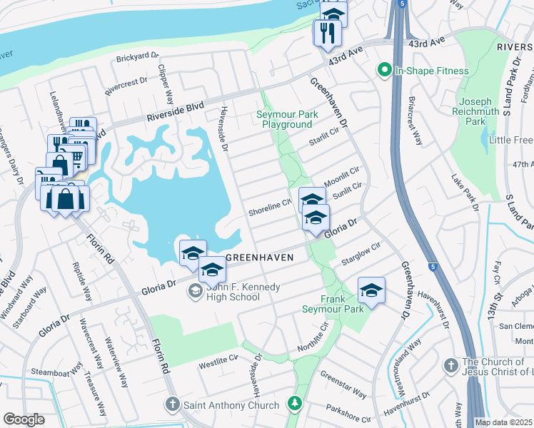 map of restaurants, bars, coffee shops, grocery stores, and more near 71 Shoreline Circle in Sacramento