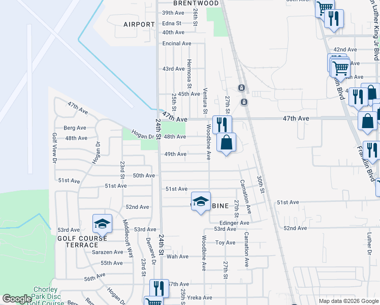 map of restaurants, bars, coffee shops, grocery stores, and more near 2501 49th Avenue in Sacramento