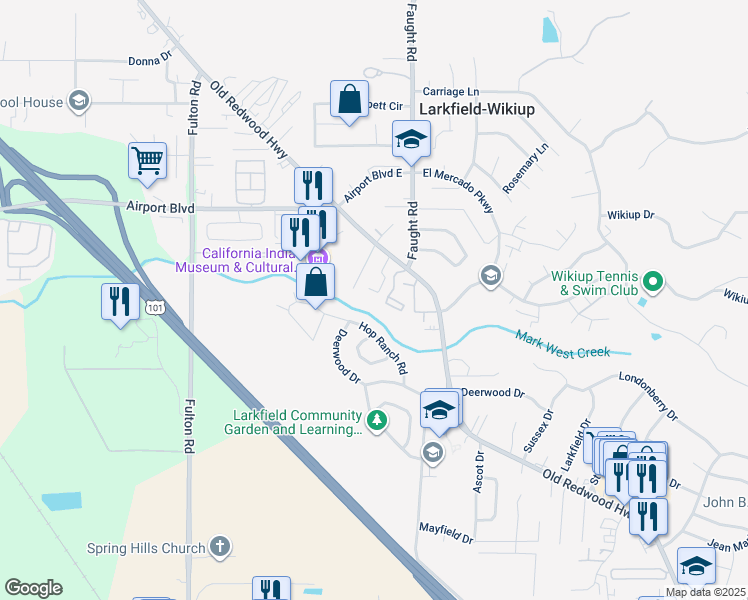 map of restaurants, bars, coffee shops, grocery stores, and more near 5209 Old Redwood Highway in Santa Rosa
