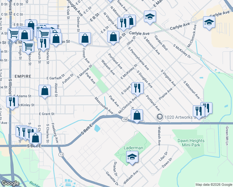 map of restaurants, bars, coffee shops, grocery stores, and more near 716 Park Avenue in Belleville