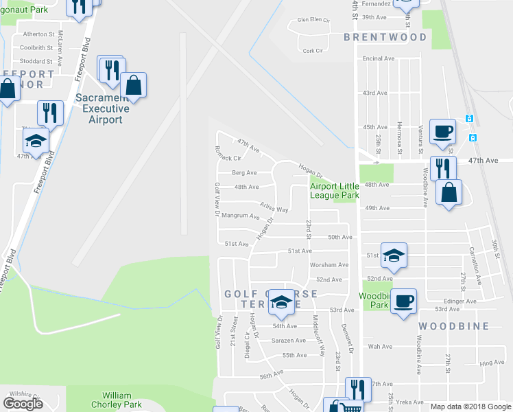 map of restaurants, bars, coffee shops, grocery stores, and more near 2110 Arliss Way in Sacramento