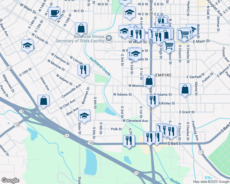 map of restaurants, bars, coffee shops, grocery stores, and more near 315 West Adams Street in Belleville