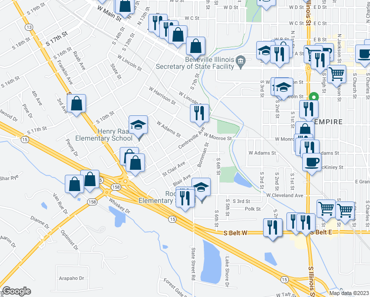map of restaurants, bars, coffee shops, grocery stores, and more near 616 Centreville Avenue in Belleville