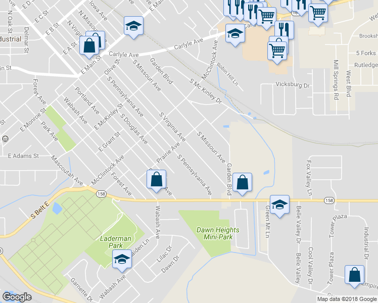 map of restaurants, bars, coffee shops, grocery stores, and more near 611 South Virginia Avenue in Belleville