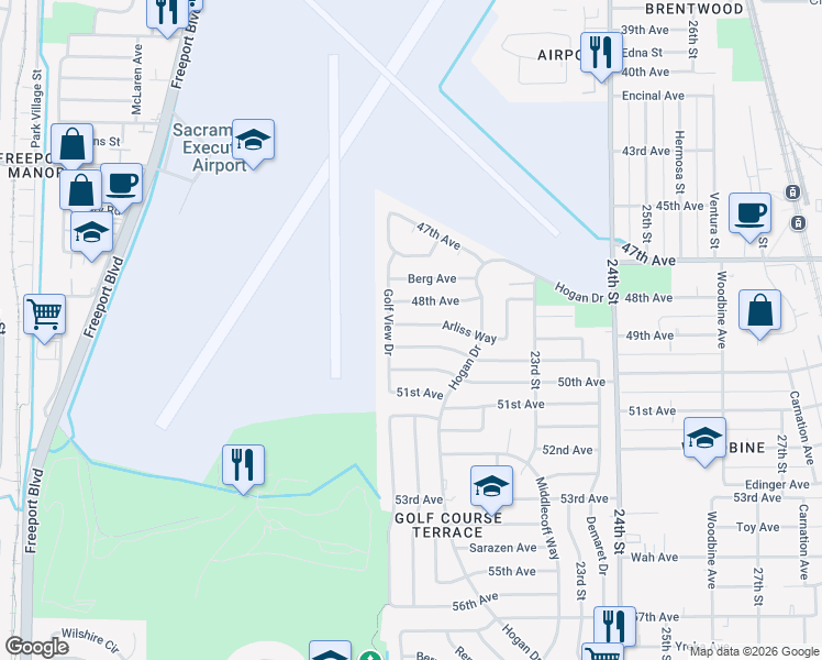 map of restaurants, bars, coffee shops, grocery stores, and more near 2030 Arliss Way in Sacramento