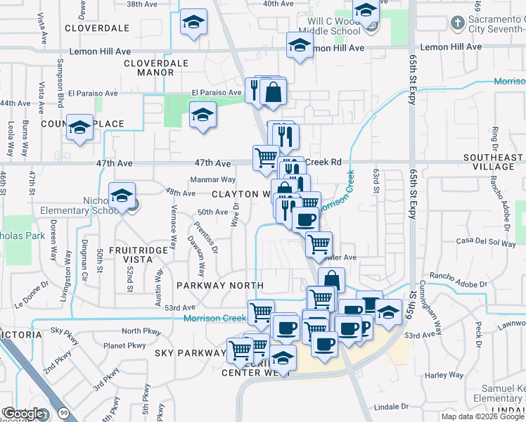 map of restaurants, bars, coffee shops, grocery stores, and more near 6417 Dallas Way in Sacramento
