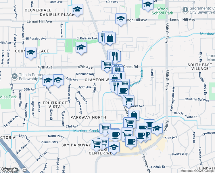 map of restaurants, bars, coffee shops, grocery stores, and more near 6417 Dallas Way in Sacramento
