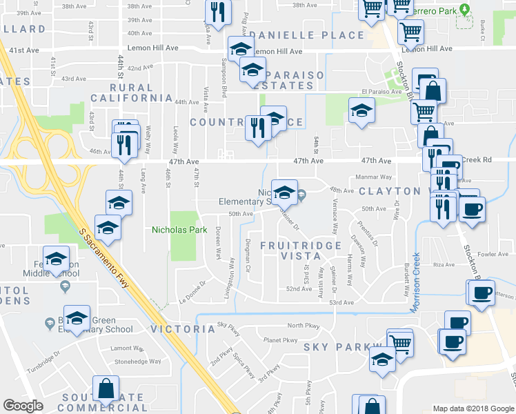 map of restaurants, bars, coffee shops, grocery stores, and more near 4826 50th Avenue in Sacramento