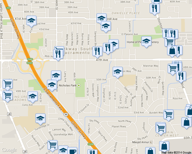 map of restaurants, bars, coffee shops, grocery stores, and more near 4719 50th Avenue in Sacramento