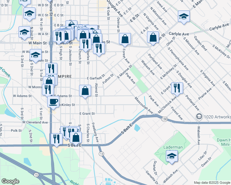 map of restaurants, bars, coffee shops, grocery stores, and more near 621 East Adams Street in Belleville