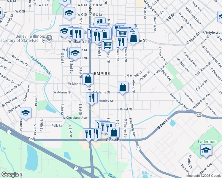 map of restaurants, bars, coffee shops, grocery stores, and more near 213 East Adams Street in Belleville