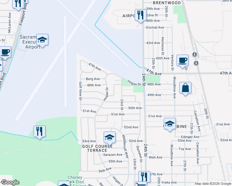 map of restaurants, bars, coffee shops, grocery stores, and more near 2220 Arliss Way in Sacramento
