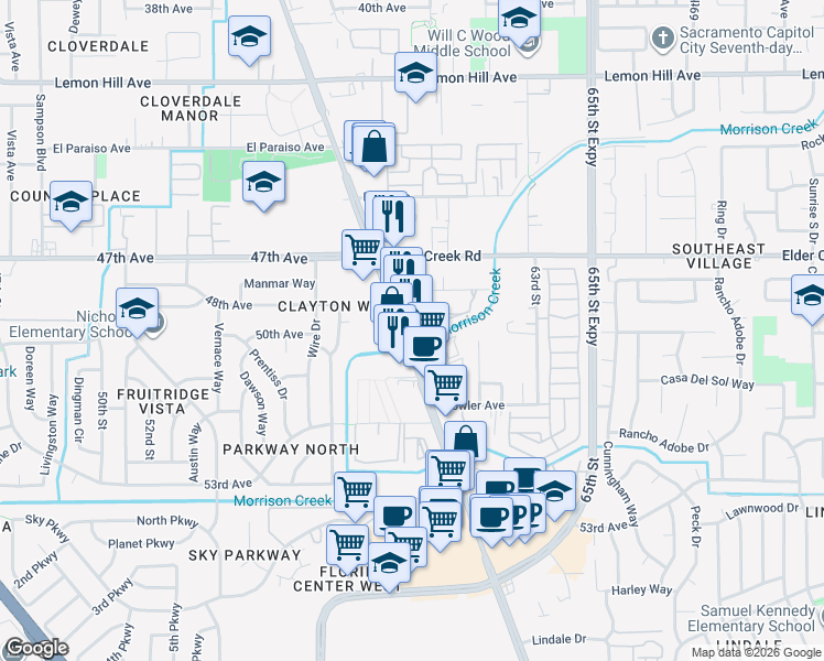 map of restaurants, bars, coffee shops, grocery stores, and more near 6471 Stockton Boulevard in Sacramento