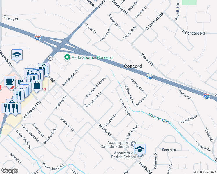 map of restaurants, bars, coffee shops, grocery stores, and more near 4568 Tauneybrook Drive in St. Louis