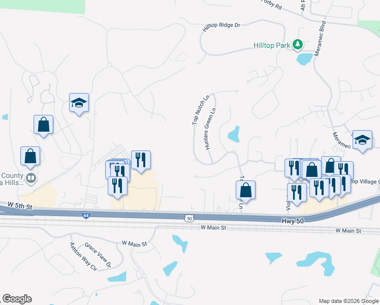 map of restaurants, bars, coffee shops, grocery stores, and more near 739 Top Notch Lane in Eureka
