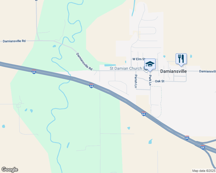 map of restaurants, bars, coffee shops, grocery stores, and more near 110 Circle Drive in Damiansville
