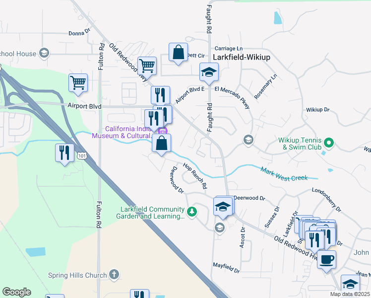 map of restaurants, bars, coffee shops, grocery stores, and more near 140 Creek Way in Santa Rosa