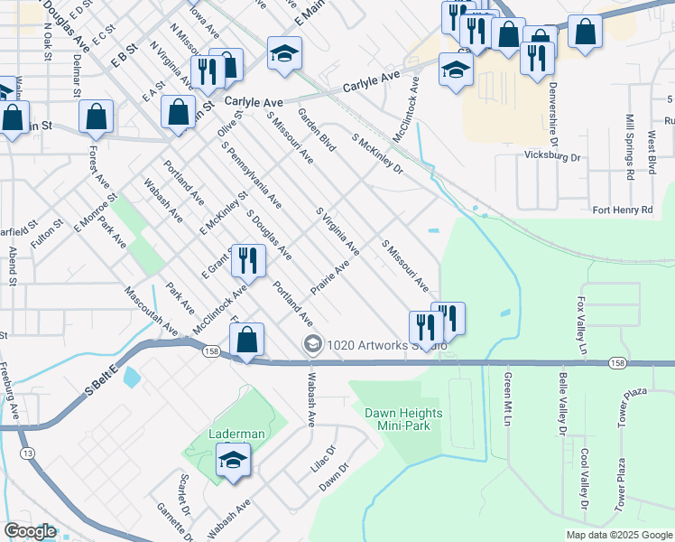 map of restaurants, bars, coffee shops, grocery stores, and more near 601 South Pennsylvania Avenue in Belleville