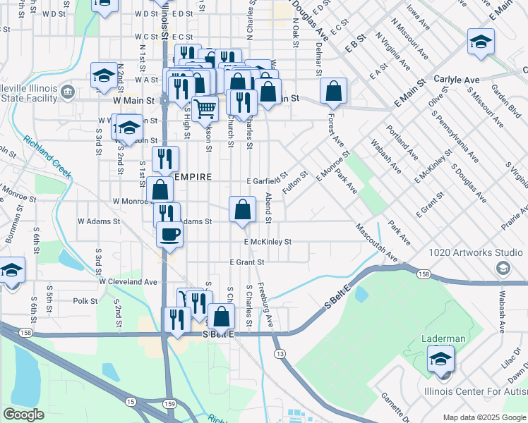 map of restaurants, bars, coffee shops, grocery stores, and more near 509 East Adams Street in Belleville