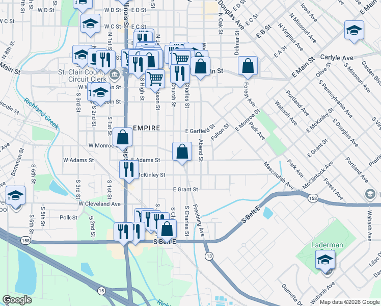 map of restaurants, bars, coffee shops, grocery stores, and more near 518 South Charles Street in Belleville