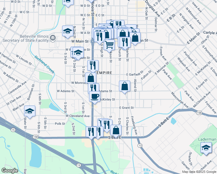 map of restaurants, bars, coffee shops, grocery stores, and more near 111 East Adams Street in Belleville