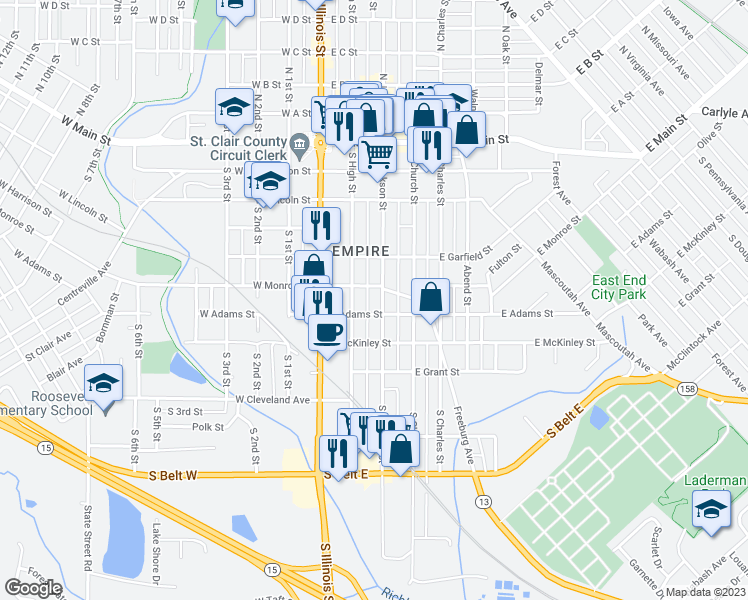 map of restaurants, bars, coffee shops, grocery stores, and more near 111 East Adams Street in Belleville