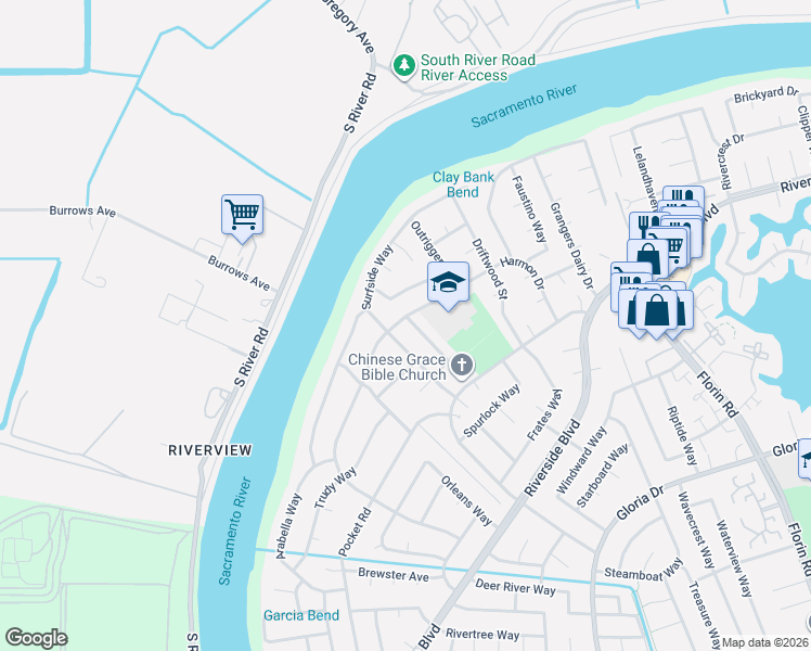map of restaurants, bars, coffee shops, grocery stores, and more near 6532 Surfside Way in Sacramento